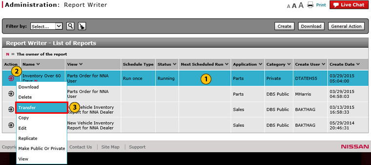 Report Writer page with Transfer option highlighted